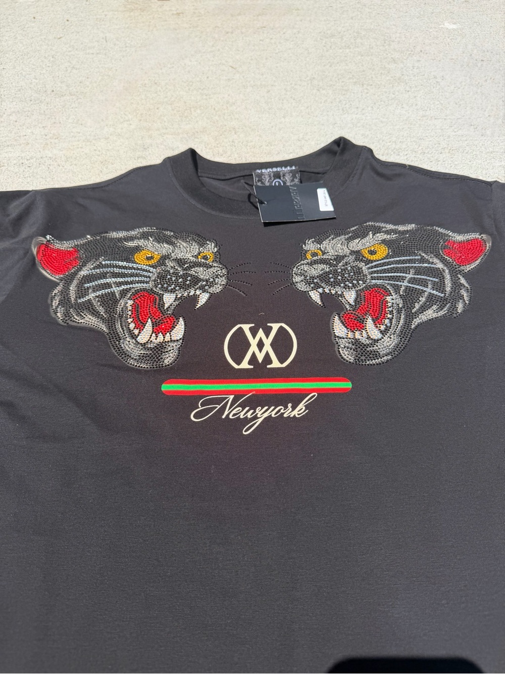 Men's Black Short-Sleeve Tee with Twin Panther Embroidery - Picture 2 of 4